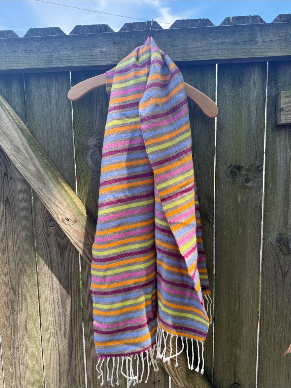 Lands' End Striped Fringe Scarf in Brown, Orange, Pink, Yellow and Blue